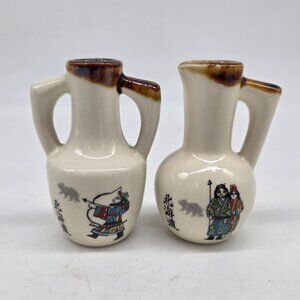 Japanese Miniature Ceramic Pitchers With Traditional Folk Art Design 3.25" Tall